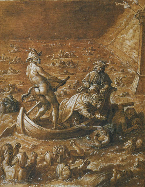 Flegias remando la barca, mientras lleva a Dante y a Virgilio a través de la laguna Estigia (Stradanus)