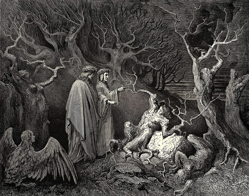 Dante y Virgilio en el bosque de los suicidas (Gustave Doré)