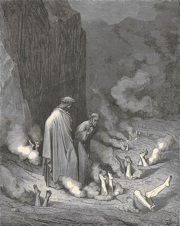 Dante y Virgilio observan el castigo de los simoníacos (Gustave Doré)