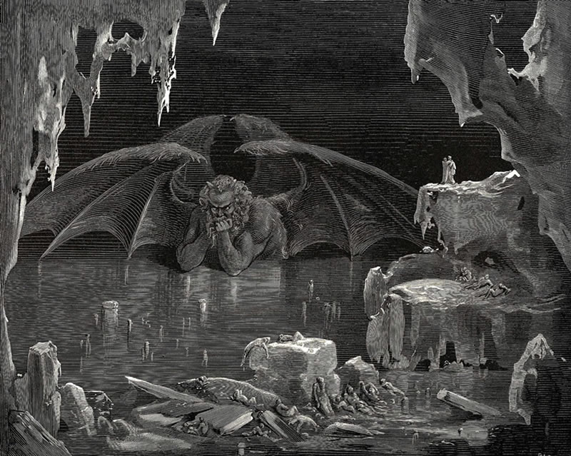 Lucifer en el centro del infierno congelado (Gustave Doré)