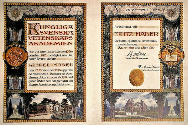 Diploma recibido en 1918 por Fritz Haber, Premio Nobel de Química