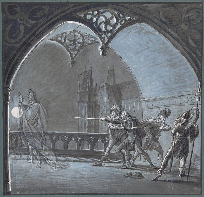 Ilustración anónima de la aparición del Rey frente a su hijo, el Príncipe Hamlet.
