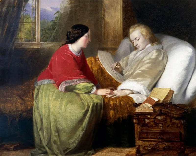 Mozart en su lecho de muerte, escribiendo el 'Réquiem'