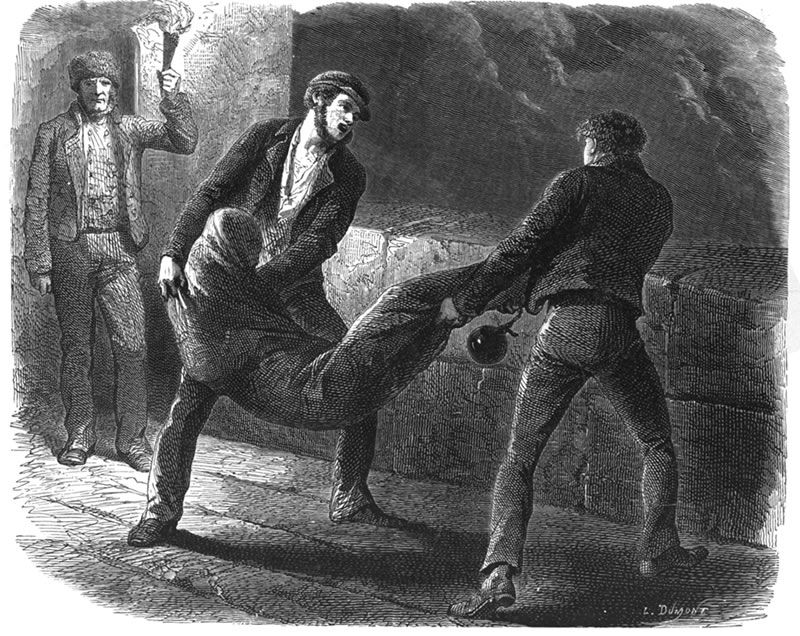 "Edmundo Dantés escapa del castillo de If", grabado a partir del dibujo de Ange Louis Janet (1815-1872)